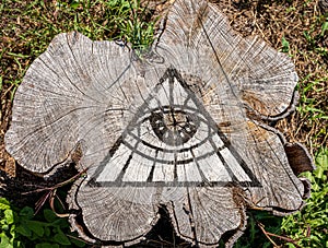 All seeing eye graffiti on old tree stump, deep state conspiracy