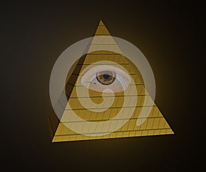 All seeing eye, illuminati symbol in triangle with light ray. Gold pyramid eye