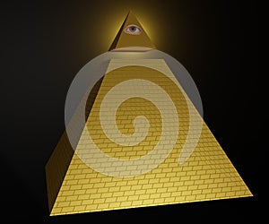 All seeing eye, illuminati symbol in triangle with light ray. Gold pyramid eye