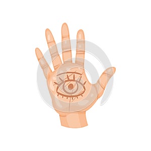 All-seeing eye on the palm. Open human hand with spiritual symbol. Divination theme. Flat vector design