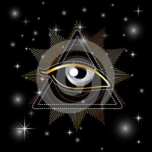 All seeing eye of Providence or Illuminati pyramid masonic symbol golden