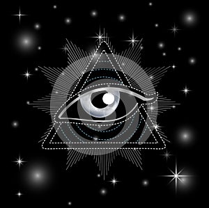 All seeing eye of Providence or Illuminati pyramid masonic symbol silver