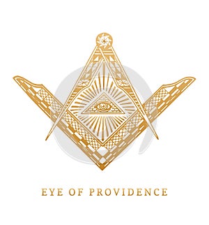 All-seeing eye of providence. Masonic square and compass symbols. Freemasonry pyramid engraving logo, emblem.
