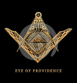 All-seeing eye of providence. Masonic square and compass symbols. Freemasonry pyramid engraving logo, emblem. photo