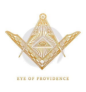 All-seeing eye of providence. Masonic square and compass symbols. Freemasonry pyramid engraving logo, emblem. photo