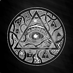 All seeing eye pyramid symbol design on chalkboard