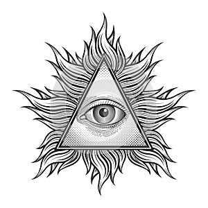 All seeing eye pyramid symbol in the engraving