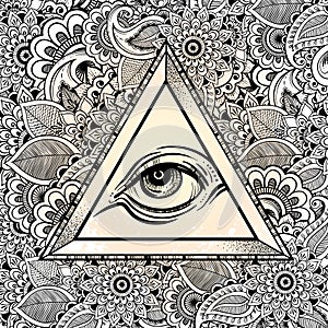 All seeing eye pyramid symbol. Hand-drawn Eye of Providence. Alchemy, religion, spirituality, tattoo art. Vector illustration.