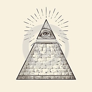 All seeing eye pyramid symbol. New World Order. Hand drawn sketch vector
