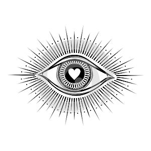 All seeing eye symbol. Vision of Providence. Alchemy, religion, spirituality, occultism, tattoo art. Isolated illustration.