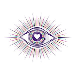 All seeing eye symbol. Vision of Providence. Alchemy, religion, spirituality, occultism, tattoo art. Isolated illustration.