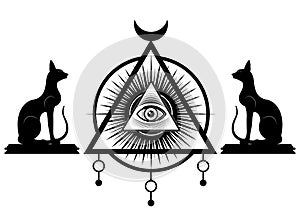 All Seeing eye, the third eye icon inside triangle pyramid and Egyptian black cats. Sacred Masonic symbol, alchemy, religion sign
