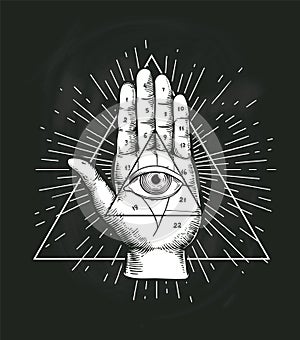 All Seeing Eye Triangle Geometric Vector Design. Providance Pyramid Tattoo Symbol with Occult Secret Hand Sign. Mystic photo