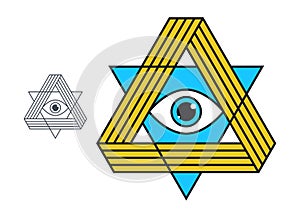 All seeing eye in triangle pyramid vector ancient symbol in modern linear style isolated on white, eye of god, masonic sign,