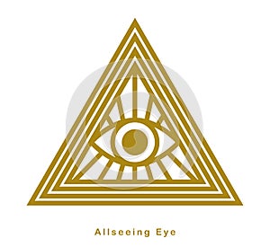 All seeing eye in triangle pyramid vector ancient symbol in modern linear style isolated on white, eye of god, masonic sign,