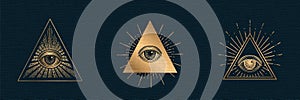 All seeing eye vector, illuminati symbol in triangle with light ray, tattoo design isolated on black background