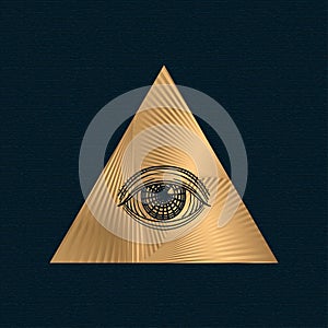 All seeing eye vector, illuminati symbol in triangle with light ray, tattoo design isolated on white background