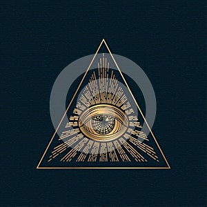 All seeing eye vector, illuminati symbol in triangle with light ray, tattoo design isolated on white background