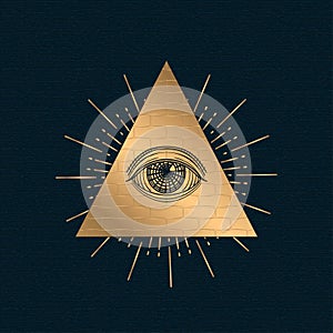 All seeing eye vector, illuminati symbol in triangle with light ray, tattoo design isolated on white background