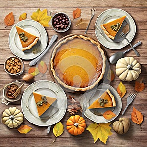 All sides dishes, pumpkin pie, fall leaves and seasonal autumnal decor on wooden background on digital art concept,