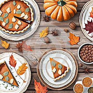 All sides dishes, pumpkin pie, fall leaves and seasonal autumnal decor on wooden background on digital art concept,