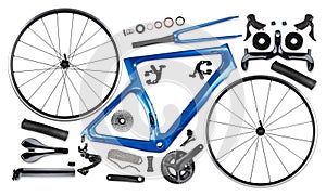 All single parts of blue black modern aerodynamic carbon fiber racing road bicycle