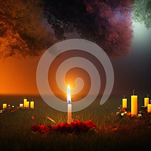 All Souls Day,All Saints Day Backdrop. Lit Candles, Gloomy Concept And Creative Background. Digital Art