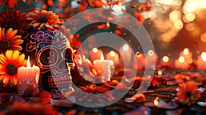 All Souls Day Candle and Flower Wallpaper - Front View Generative AI Illustration for the Soul Dead Holiday Background