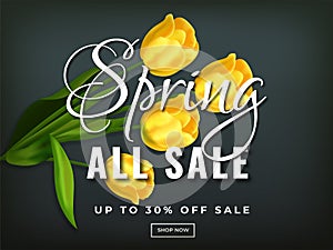 All spring sale poster or banner design with realistic tulip flowers.