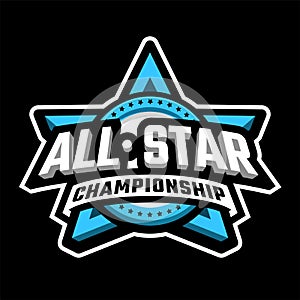 All star championship inscription on the background of a star logo, emblem on a dark background. Vector illustration.