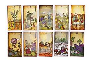 All tarot minor arcana swords suit cards background of Lubok esoteric deck