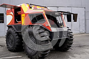 All-terrain vehicle for the evacuation of the wounded from the battlefield. Large wheels for transporting the military