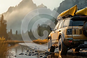 All-terrain vehicle parked by mountain stream