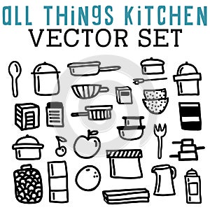 All Things Kitchen Vector Set with pots, pans, spoons, forks, grates, cherries, apples, oranges, and carafes.