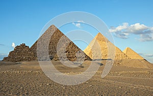 All three main pyramids of Giza. Pyramid of Menkaure, of Khafre or Chephren, of Khufu or Cheops