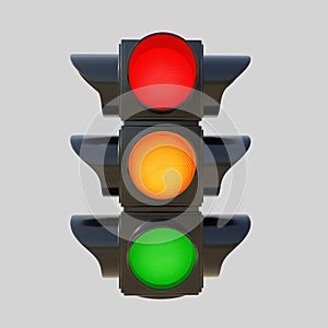 All three traffic light color isolated cutout on grey background. Safety on road. 3d render