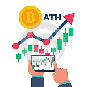 All Time High. Bitcoin ATH. BTC. The highest price. New achievement.