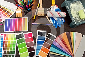 All tools for repair renovation home, paintbrush and color sampler for best choice