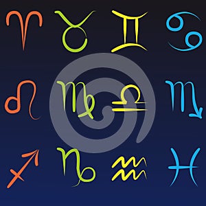 All twelve zodiac symbols isolated on dark blue gradient background