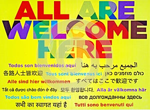 All are welcome here window sign