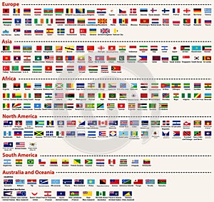 Vector set of all world flags arranged in alphabetical order and singled out by continents