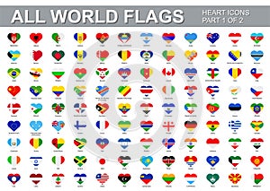 All world flags - vector set of flat heart shape icons. Part 1 of 2