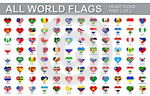 All world flags - vector set of flat heart shape icons. Part 2 of 2