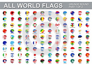 All world flags - vector set of flat round grunge icons. Part 1 of 2