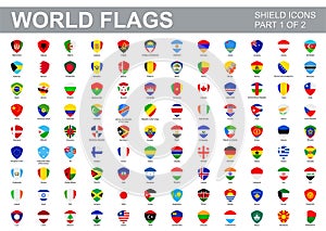 All world flags - vector set of flat shield icons. Part 1 of 2