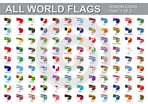All world flags - vector set of flat twisted ribbon icons. Part 1 of 2