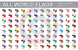 All world flags - vector set of flat twisted ribbon icons. Part 2 of 2