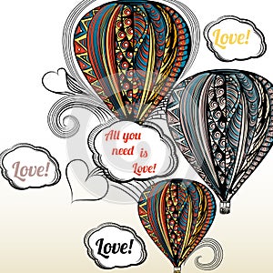 All you need is love. Air balloon with hippie style ornament in