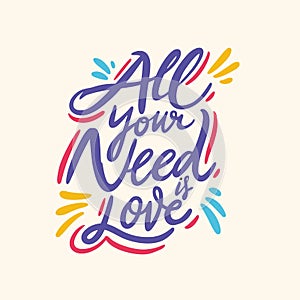 All you need is love. Hand drawn vector lettering. Isolated on white background