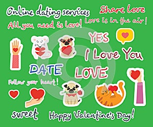 All you need is love. Hands and people with hearts as love massages. Vector Valentine illustration cards of happy couples in love